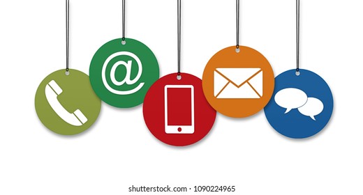 Colored Website and Internet contact us page concept with hanging icons in front of a white background