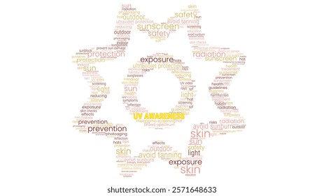 Colored word cloud collage for UV Awareness month. Concept for screening, health education, promotion, UV safety, sun safety.	
