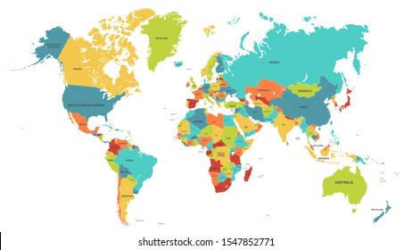 Colored world map. Political maps, colourful world countries and country names. Geography politics map, world land atlas or planet cartography illustration