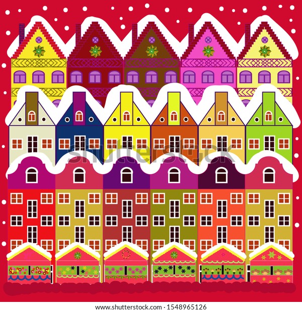 Colorfil landscape for textile, wallpaper,\
fabric. Cute houses and trees on white and red colors background.\
Scandinavian style nature\
illustration.