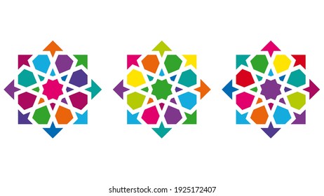 Colorful 3 Seamless Islamic Pattern Art With 8 Folds Arranged In Tiles Format.