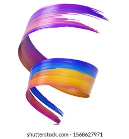 Colorful 3D Brush Paint Stroke Swirl Isolated On White Background. 3D Rendering. Colorful Joyful Design. Color Oil Paint Curved Smear.