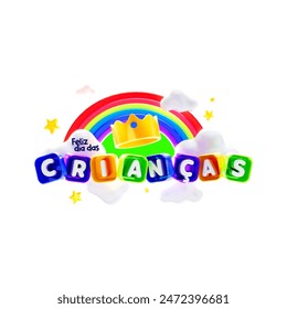 A colorful 3D design for Children's Day with a rainbow, clouds, and the text 'Feliz Dia das Crianças,' perfect for celebrating and promoting Children's Day events and sales - Powered by Shutterstock