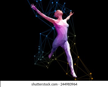 colorful 3D female model flying on abstract background.