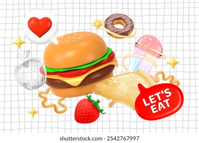 Colorful 3D food illustration with a burger, donut, and strawberry. Bright and playful design with a burger, donut, and strawberry. 3D Fun food-themed art. 3D white grid background illustration. - Powered by Shutterstock