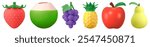 Colorful 3D fruit models: strawberry, coconut, grapes, pineapple, apple, pear. Bright fruit design, playful fruit shapes, vibrant fruit colors.