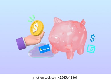 Colorful 3D illustration of a piggy bank, 3D hand holding a coin, and 3D financial icons. Piggy bank and coin emphasize saving and finance. Bright and engaging finance theme. - Powered by Shutterstock