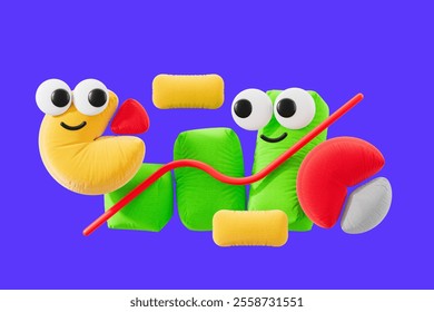 Colorful 3D render of pie chart and graph elements with soft, playful designs and expressive faces, set against a vibrant blue background. Concept of creative data visualization. 3D Rendering.