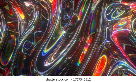 Colorful Abstract Animated Background. The Movement Of A Transparent Multi-colored Glass Surface. Active Movement Of The Liquid Effect. Conceptual Art. Rainbow Gradient. 3d Illustration