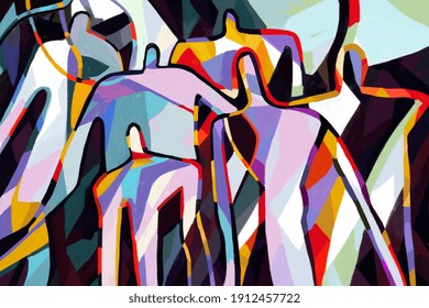 Colorful Abstract Art Print Cubism Art Style, Abstract People With Primary Color. For Print And Wall Art. 