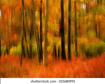 Colorful abstract autumn woods transformed into a vibrant painting