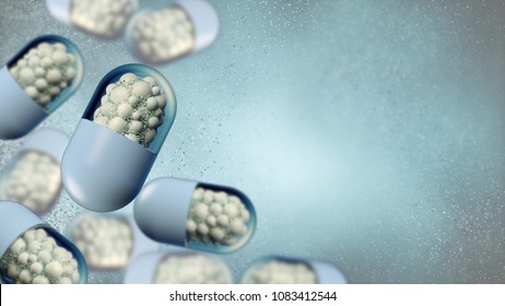Colorful abstract chaotic structure balls inside the capsule, pharmacy and medical concept 3d rendering: stockillustratie