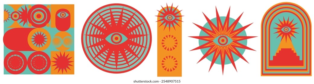 Colorful abstract designs with eye motifs. Vibrant eye patterns in red, orange, and teal. Eye symbols in geometric shapes. Bold eye-themed art. Colorful retro badge elements isolated on white. - Powered by Shutterstock