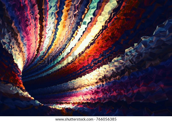 Colorful abstract digital background, empty bent triangulated tunnel, 3d render illustration