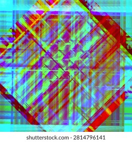 Colorful abstract geometric composition featuring a transparent layered diamond, intersecting grid lines and vibrant cyan, red, yellow and purple forms.