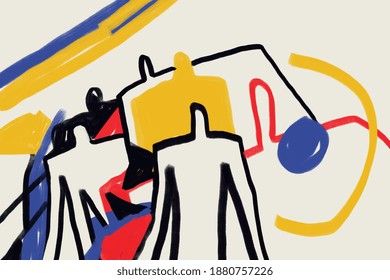 Colorful abstract neoplasticism and cubism art style. Painting with primary color in Mondrian style with abstract people. Modern art for print and wall art
