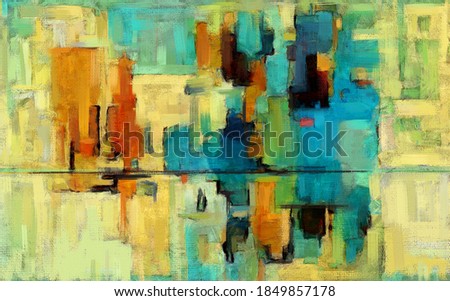 Colorful abstract oil painting. Vibrant rectangles, artwork in contemporary style. Textured brush strokes, modern art on teal and yellow background with dark accents