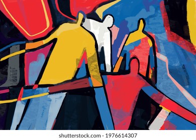 Colorful Abstract People Neoplasticism And Cubism Art Style. Painting With Primary Color In Mondrian And Keith Haring Style With Abstract People. For Print And Wall Art.