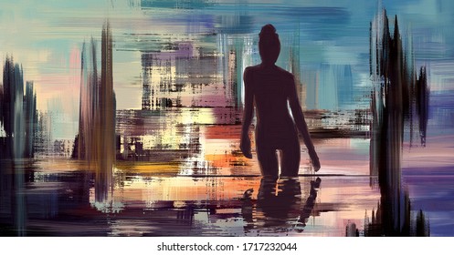 Colorful abstract seascape oil painting. Silhouette of woman, surreal landscape artwork in contemporary style. Modern fantasy art, beautiful scenery illustration. - Powered by Shutterstock