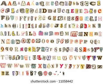 Colorful alphabet with letters torn from newspapers and magazines, rough edges, messy look,  perfect for your monthly threatening letters