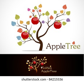 Colorful Apple Tree With Delicious Red Apples And Golden Apple Tree.