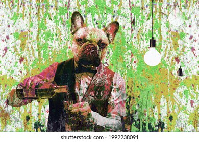 colorful artistic dog in barman suit pouring alcohol in glass on background with bright paint splatters 