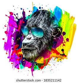 Colorful artistic monkey in eyeglasses and colorful paint splatters white background