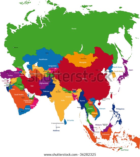 国と首都を持つカラフルなアジアの地図 のイラスト素材