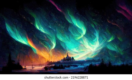 Colorful Aurora Borealis In Night Sky As Wallpaper Background Illustration (3D Rendering)