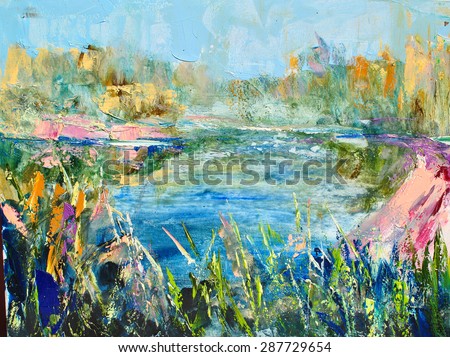 Colorful auroral lake landscape. Nature background, Modern abstract painting, Oil on canvas