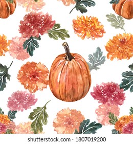 Colorful Autumn Floral Seamless Pattern. Watercolor Orange Fall Flowers, Pumpkins On White Background. Hand Painted Thanksgiving Themed Illustration. Botanical Print.