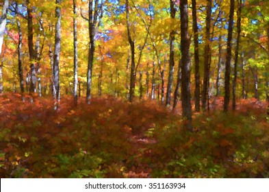 Colorful Autumn Trees In The Poconos Of Pennsylvania Transformed Into A Pointillism Style Painting