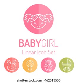 Colorful Baby Icon Set (smiling Little Girl And Girl's Toys). Outlined Round Badges. Bright And Happy Color Palette