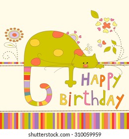 Colorful Baby Shower Background With Cat And Flowers. Happy Birthday Card.