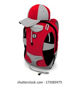 Colorful backpack and colored baseball cap on a white background