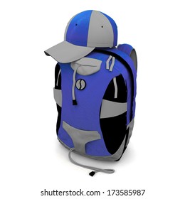 Colorful backpack and colored baseball cap on a white background
