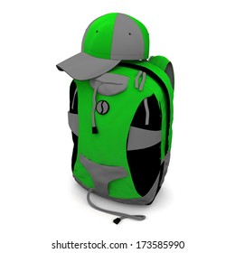 Colorful backpack and colored baseball cap on a white background