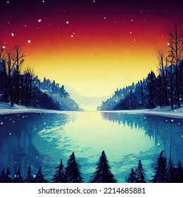 Colorful Beautiful Cartoon Illustration Of A Winter Lake Scene 