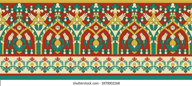 Colorful and Beautiful Traditional Indian Paisley vintage floral, feather motif. Mughal art Hand drawing wallpaper design. Ethnic background, Printable colors for Textile and Digital Print.