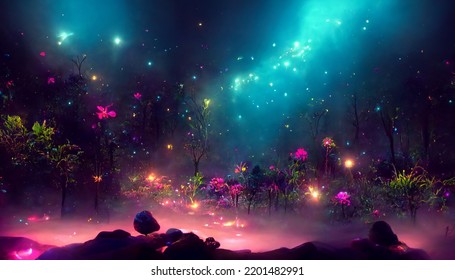 Colorful Bioluminescence Plants In Forest, Crystals And Glowing Path, Fireflies, Pandora Planet At Night, Blue And Pink Glow, Epic Landscape In Background, Hazy Planet In The Sky.