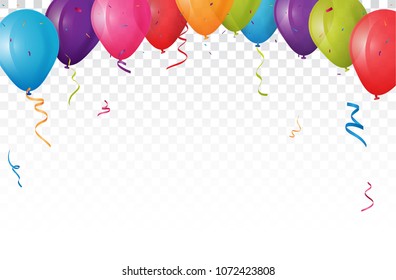 Colorful birthday balloon with bunting flags and confetti