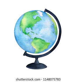 Colorful blue and green terrestrial globe on black base. One single object, side view. Hand painted water color graphic drawing on white background, cut out clipart emblem for design and decoration.