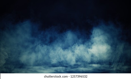 Colorful blue smoke on floor . Isolated black background . Misty fog effect texture overlays for text or space - Shutterstock ID 1257396532