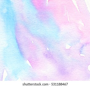 Colorful blue violet pink watercolor wet brush paint liquid background for wallpaper, card. Aquarelle bright color abstract hand drawn paper texture backdrop vivid element for text design, web, print