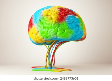 A colorful brain model melting onto a plain background, representing a creative concept in artistic style. 3D Rendering