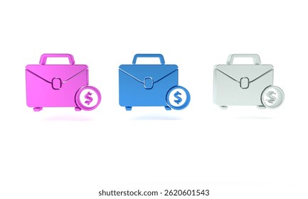 Icono colorido del maletín y del dinero aislado en el fondo blanco. Signo de caso comercial. Cartera empresarial. Concepto de minimalismo. Ilustración de renderizado 3D