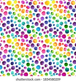 Colorful And Bright Hand Drawn Watercolor Spots Pattern. Seamless Rainbow Dots Bsckground.