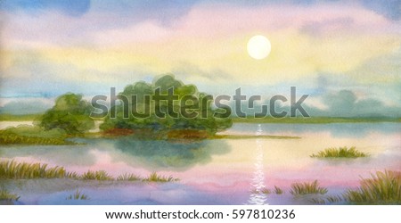 Colorful bright hand drawn watercolour sketch drawing on paper backdrop with space for text on gloaming heaven. Quiet gentle romantic springtime light daybreak scene. Calm rising smoke bay beach view