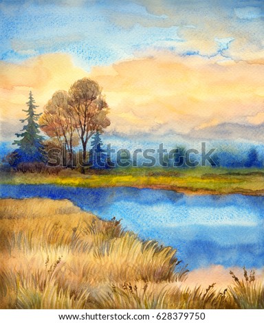 Colorful bright hand drawn watercolour sketch drawing on paper backdrop with space for text on gloaming heaven. Quiet gentle romantic springtime light daybreak scene. Calm rising mist bay beach view