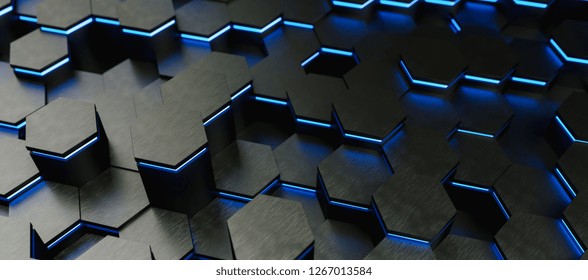 colorful bright neon uv blue lights abstract hexagons background pattern - 3D rendering - Illustration  - Powered by Shutterstock